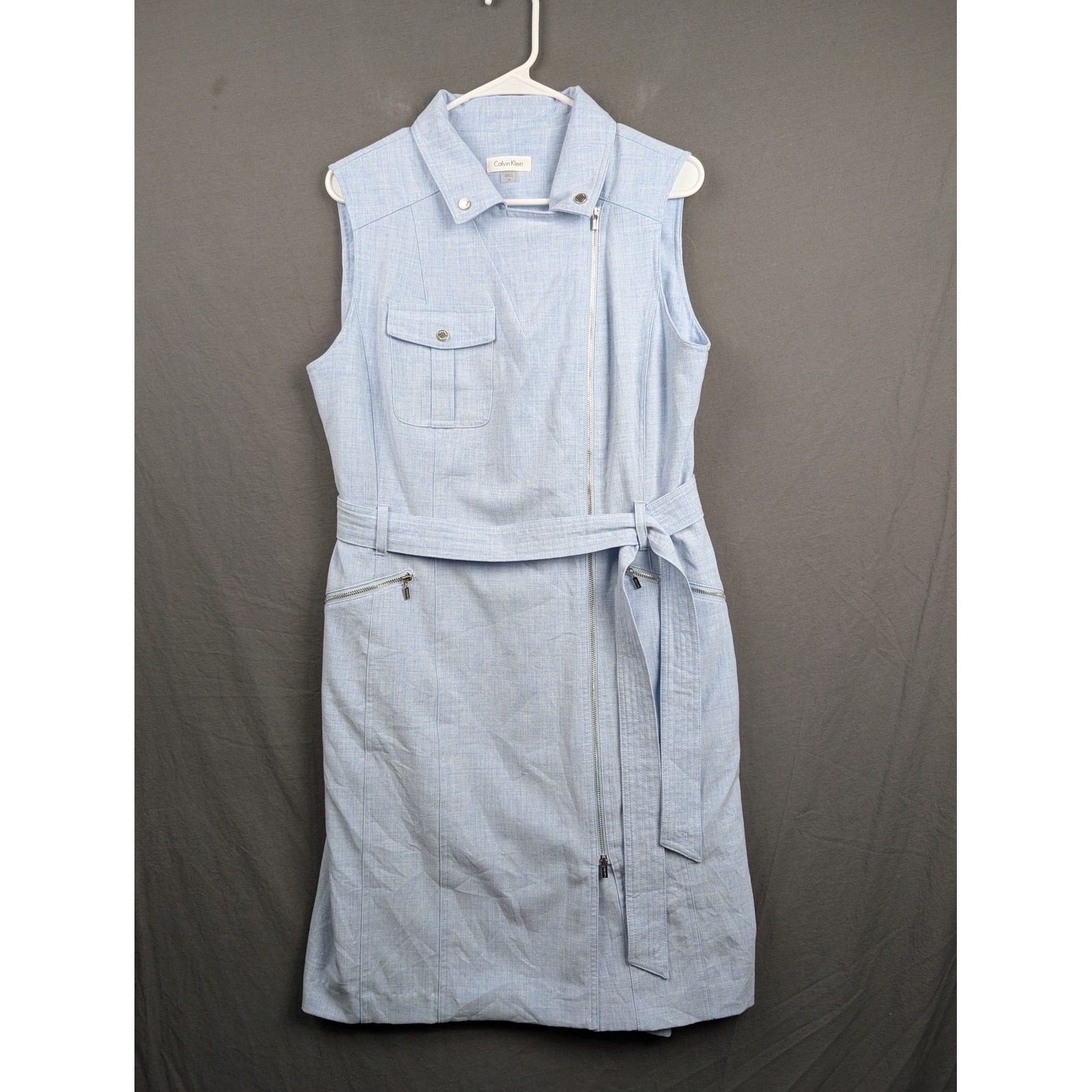 Calvin Klein Womens Light Blue Linen Blend Sleeveless Zip Front Belted Dress 14